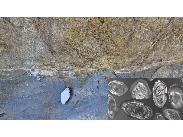 This image shows an unconformity between a glaciated granite (top of image) which has been affected by freeze and thaw action and the Brioverian Supergroup (bottom of image). The scale is c.20cm vertically shown with a handlens in the image. The base of the Brioverian is a shale which contains clasts of glaciated granite and individual unweathered and euhedral feldspars. On the right hand side of the image are cathodolumiscence pictures of euhedral zircons showing typical igneous concentric zonation.