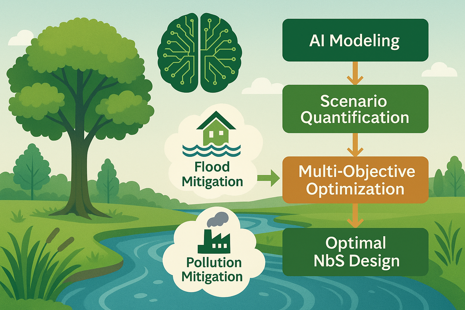 A digital illustration combining a natural landscape with a flowchart. On the left, a green tree and a flowing river represent nature-based solutions. On the right, a vertical flowchart shows the research process: “AI Modeling” at the top, leading to “Scenario Quantification,” then “Multi-Objective Optimization,” and finally “Optimal NbS Design.” Two cloud-shaped icons connect to the flow: one with a house in flood water labeled “Flood Mitigation,” and one with a factory icon labeled “Pollution Mitigation.”