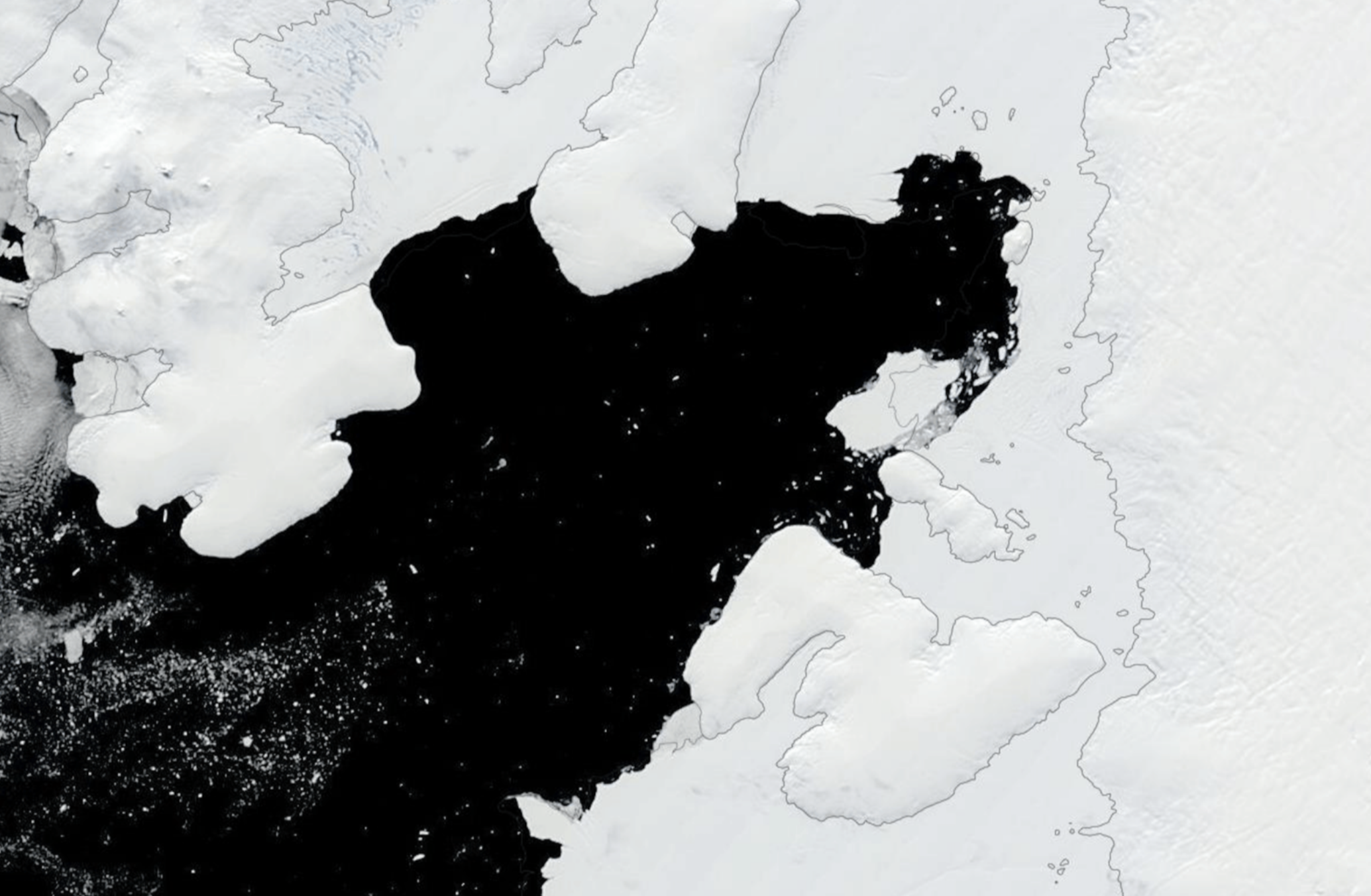 Ronne Entrance in the Bellingshausen Sea where sediment cores were collected in 2025. Surveys were completed days after a major iceberg calving event (imaged), yielding the first observations of an intact sub-ice shelf environment across ~350 km² of newly exposed seafloor.