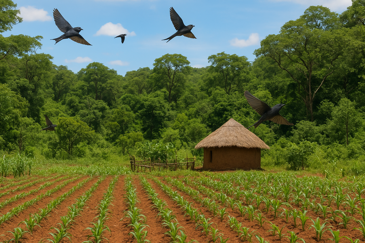 The image represents an agricultural field surrounded by forests, where a diverse assemblage of insect-eating birds nests while feeding on crop pests in the farms, providing vital ecosystem services to farmers.