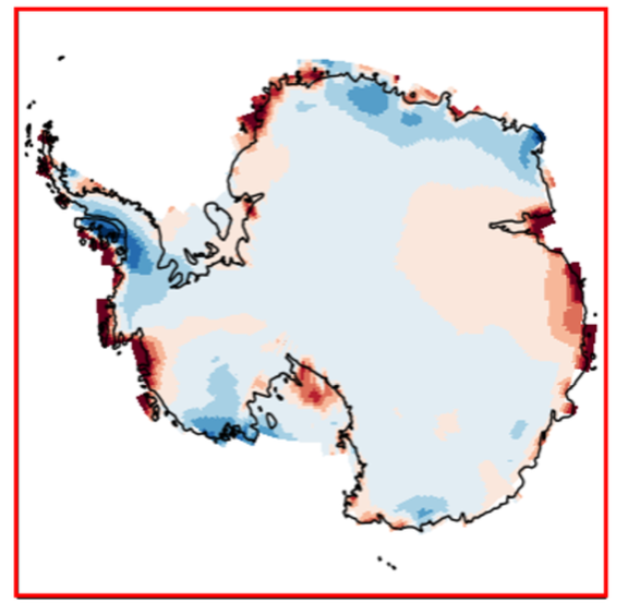 Simulation result from the BISICLES ice sheet model of Antarctica, showing patterns of projected surface mass balance (SMB) changes in 2081-2100 under an overshoot scenario (SSP5-3.4OS), relative to a lower emissions scenario (SSP1-2.6). Several areas show reduced SMB, particularly in the Amundsen Sea Embayment in West Antarctica and around Totten Glacier in East Antarctica.