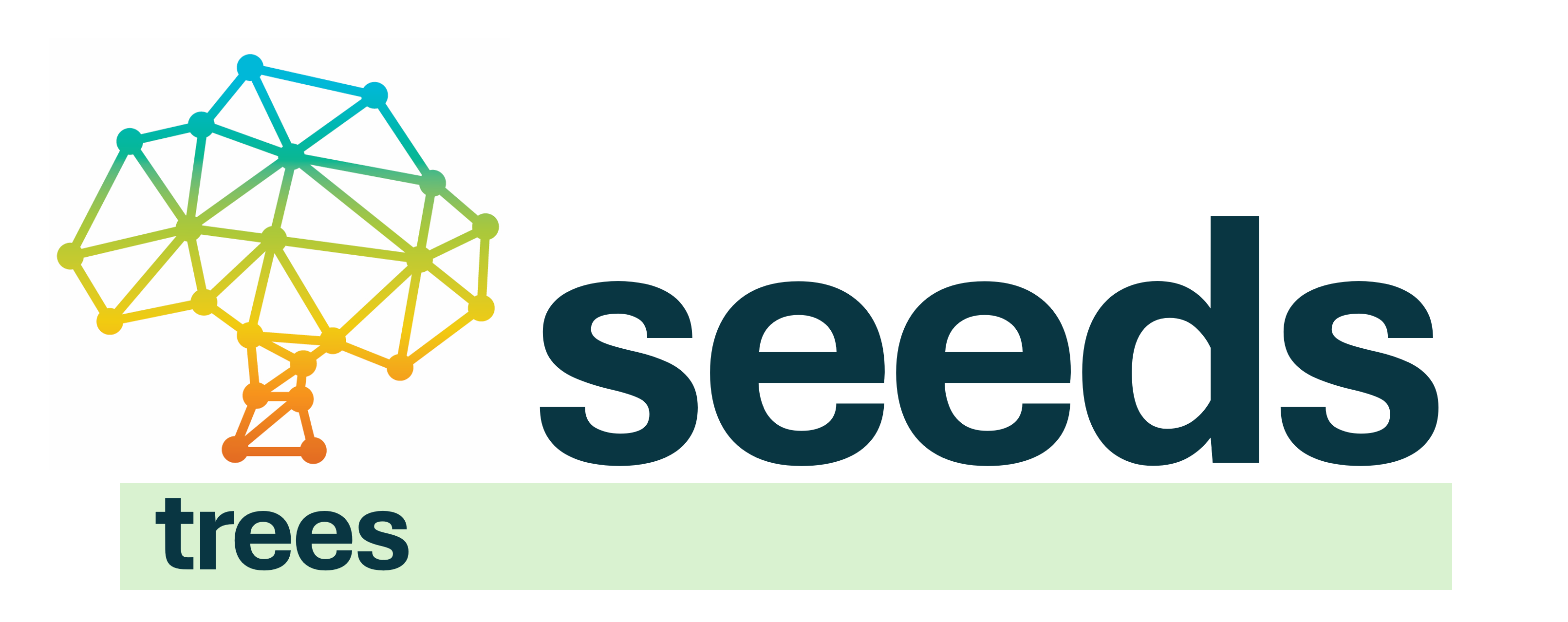 A tree is on the left, with the word "trees" written beneath it. On the right, in a larger font, is the word "seeds".
