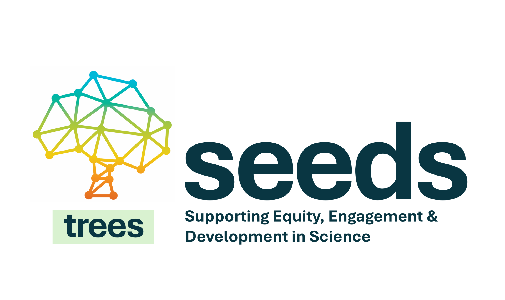 SEEDS logo. A tree is shown on the left, with the word "trees" immediately beneath it. To the right, in larger font, is the word "SEEDS". SEEDS stands for Supporting Equity, Engagement and Development in Science