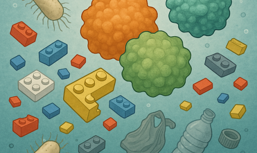 Digital scientific illustration showing enzymes degrading LEGO bricks in a polluted environment. The enzymes are represented as large, textured surface structures in orange, green, and teal. Scattered around them are various colored LEGO bricks, some partially broken down. Two rod-shaped bacteria with flagella are present. Plastics including bottles, bags, and other debris, is floating among the LEGO pieces. Text labels read “Enzymes that degrade LEGOs” and “Pollution with plastic”.