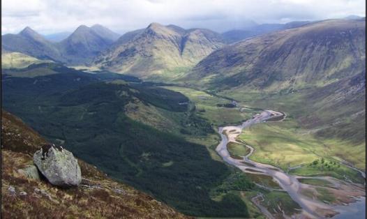 Postglacial landscape of Glen Etive in the southwest Grampians with the River Etive draining south into Loch Etive. During the Loch Lomond Stadial, an outlet advanced through the glen from Rannoch Moor, while the surrounding upland slopes and peaks remained largely ice-free. Today, the glen is dissected by a network of channels, including ephemeral channels. Source: Adrian Hall.