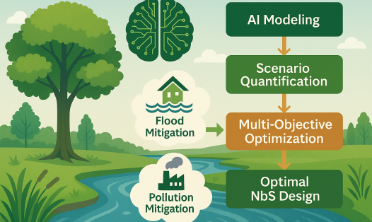A digital illustration combining a natural landscape with a flowchart. On the left, a green tree and a flowing river represent nature-based solutions. On the right, a vertical flowchart shows the research process: “AI Modeling” at the top, leading to “Scenario Quantification,” then “Multi-Objective Optimization,” and finally “Optimal NbS Design.” Two cloud-shaped icons connect to the flow: one with a house in flood water labeled “Flood Mitigation,” and one with a factory icon labeled “Pollution Mitigation.”