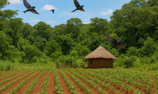 The image represents an agricultural field surrounded by forests, where a diverse assemblage of insect-eating birds nests while feeding on crop pests in the farms, providing vital ecosystem services to farmers.