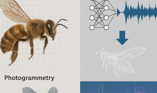 Illustration showing how artificial intelligence can predict pollinator sounds from morphology. On the left, a realistic 3D model of a honeybee represents photogrammetry. On the right, a diagram shows a neural network connected to a sound waveform and a wireframe bee, with a colorful spectrogram below labelled “Bioacoustic Data.” The layout visually links 3D morphology, AI modeling, and acoustic analysis, highlighting the project’s aim to use digital models and deep learning to predict insect flight 