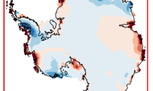 Simulation result from the BISICLES ice sheet model of Antarctica, showing patterns of projected surface mass balance (SMB) changes in 2081-2100 under an overshoot scenario (SSP5-3.4OS), relative to a lower emissions scenario (SSP1-2.6). Several areas show reduced SMB, particularly in the Amundsen Sea Embayment in West Antarctica and around Totten Glacier in East Antarctica.