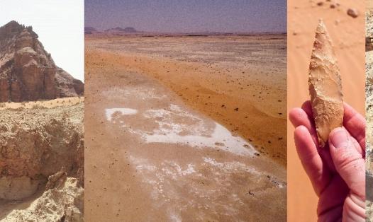 An image of Holocene lakes and lake sections in the Arabian desert, of a stone tool, and  sampling of a holocene section   