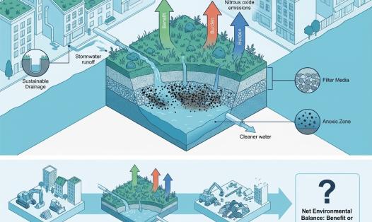 The upper panel is a cross-section of a nature-based solution cell: a planted surface above filter media, above a saturated anoxic zone. Runoff enters from the left; treated water exits below. Three arrows rise from the cell carbon dioxide uptake, shown as a benefit, alongside methane and nitrous oxide emissions, shown as burdens. The lower panel shows three life-cycle stages in sequence construction, service life, end of life converging on a single question: is the net environmental balance a benefit, or a