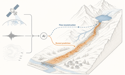 Scientific schematic showing satellite Earth observation, seismic and topographic data feeding into an AI model. The model reconstructs and predicts the runout of a long-runout geophysical flow from a glacial lake, through a mountain valley, towards downstream infrastructure.