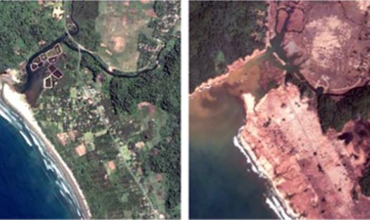 Side-by-side satellite images of a Sumatran/Javan coastline before (left, natural colour) and after (right, false-colour infrared) a tsunami. Before: river mouth with aquaculture ponds, cropland, and forest along a sandy beach. After: vegetation and cropland stripped (pink/red tones), sediment plumes offshore, and ponds no longer visible — showing extensive coastal ecosystem and farmland destruction.