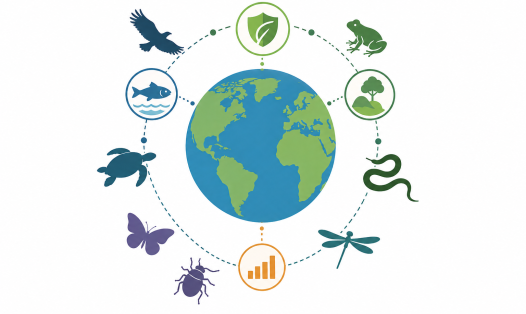 The image shows a globe surrounded by symbols represented different taxonomic groups, both vertebrates and invertebrates.